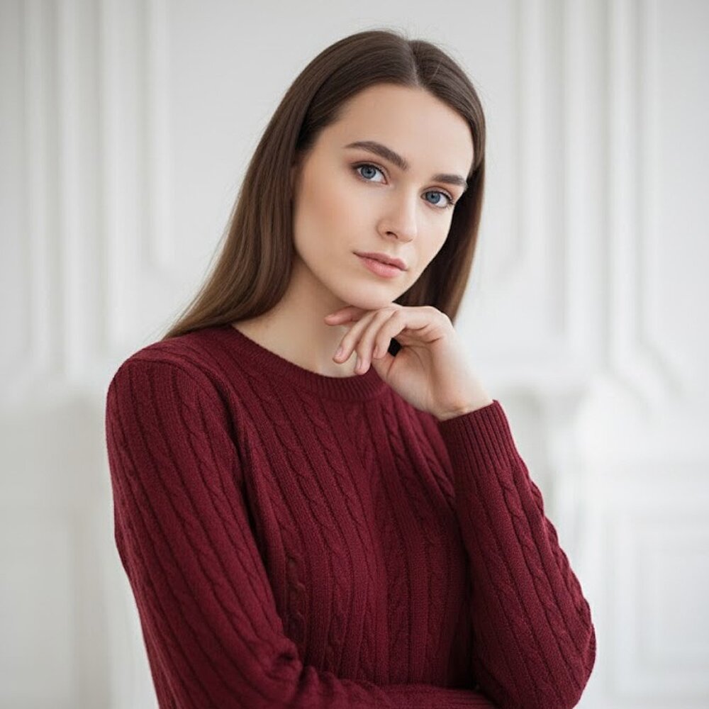 PURE MERINO WOOL BURGUNDY CREW NECK CABLE KNIT SWEATER BY NAIS PARIS - Picture 2 of 3